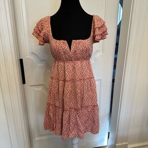 Altar’d State Square Neck Wired V Ruffle Sleeve Dress Faded Red Pink Floral NWOT